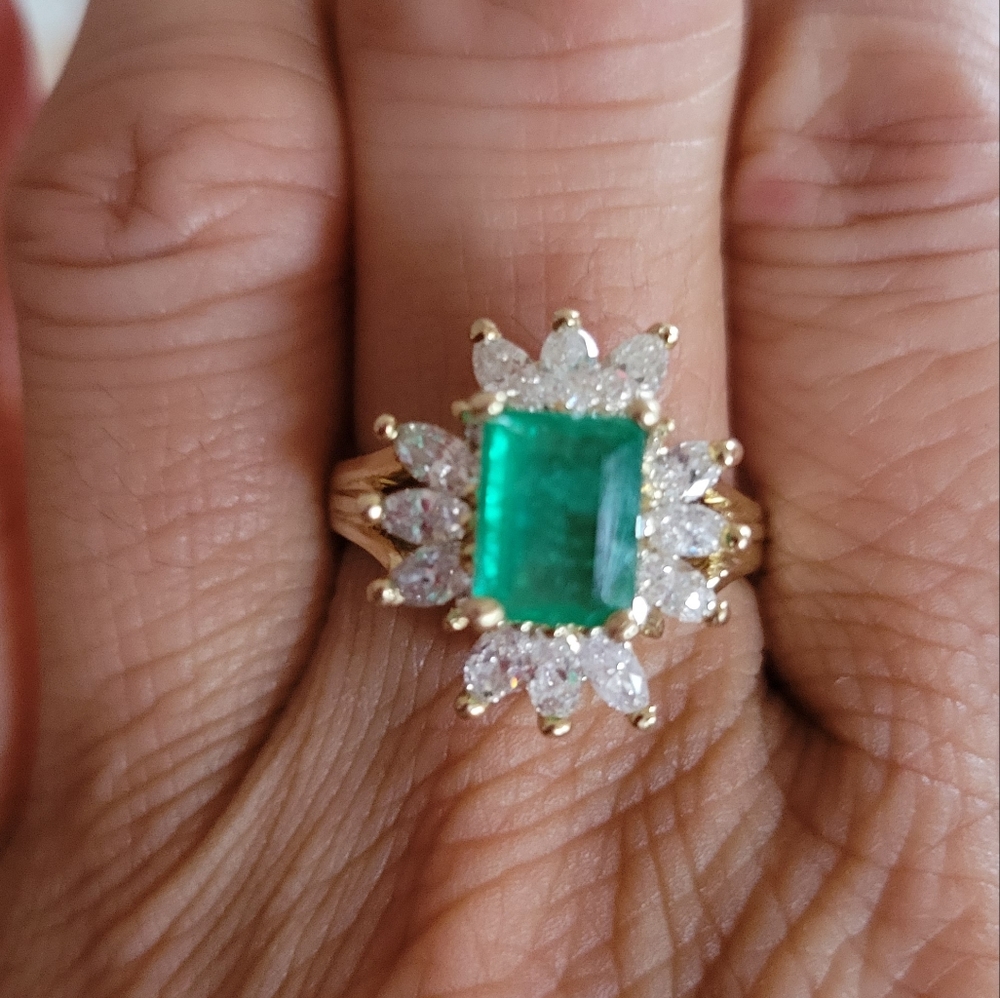 Art deco 14k yellow gold 3ct emerald diamonds ring size 8